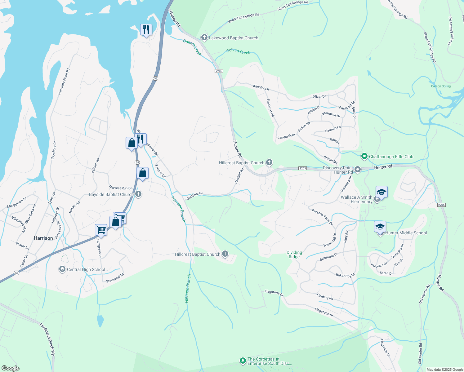map of restaurants, bars, coffee shops, grocery stores, and more near 7163 Garfield Road in Harrison