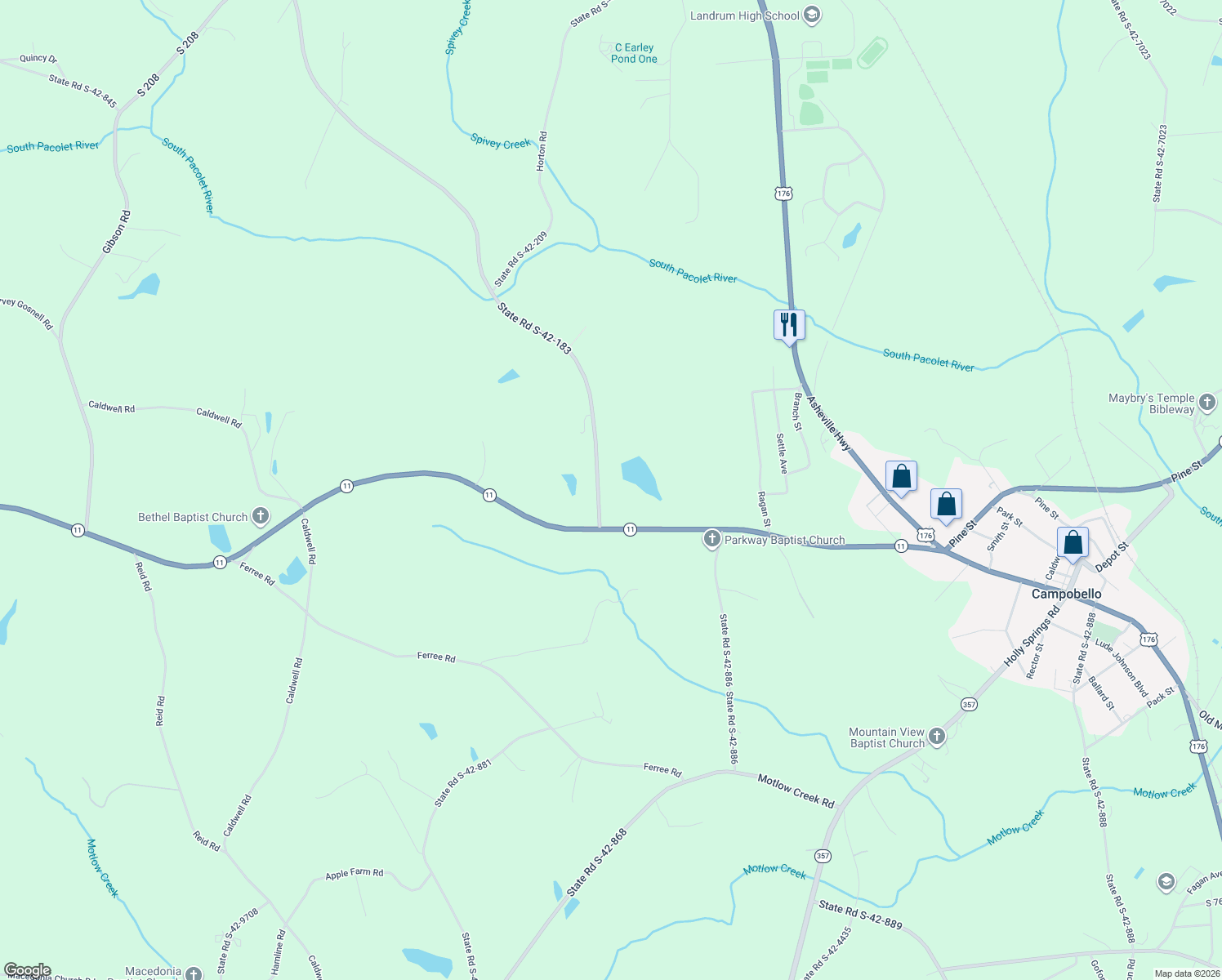 map of restaurants, bars, coffee shops, grocery stores, and more near 2519 South Blackstock Road in Landrum
