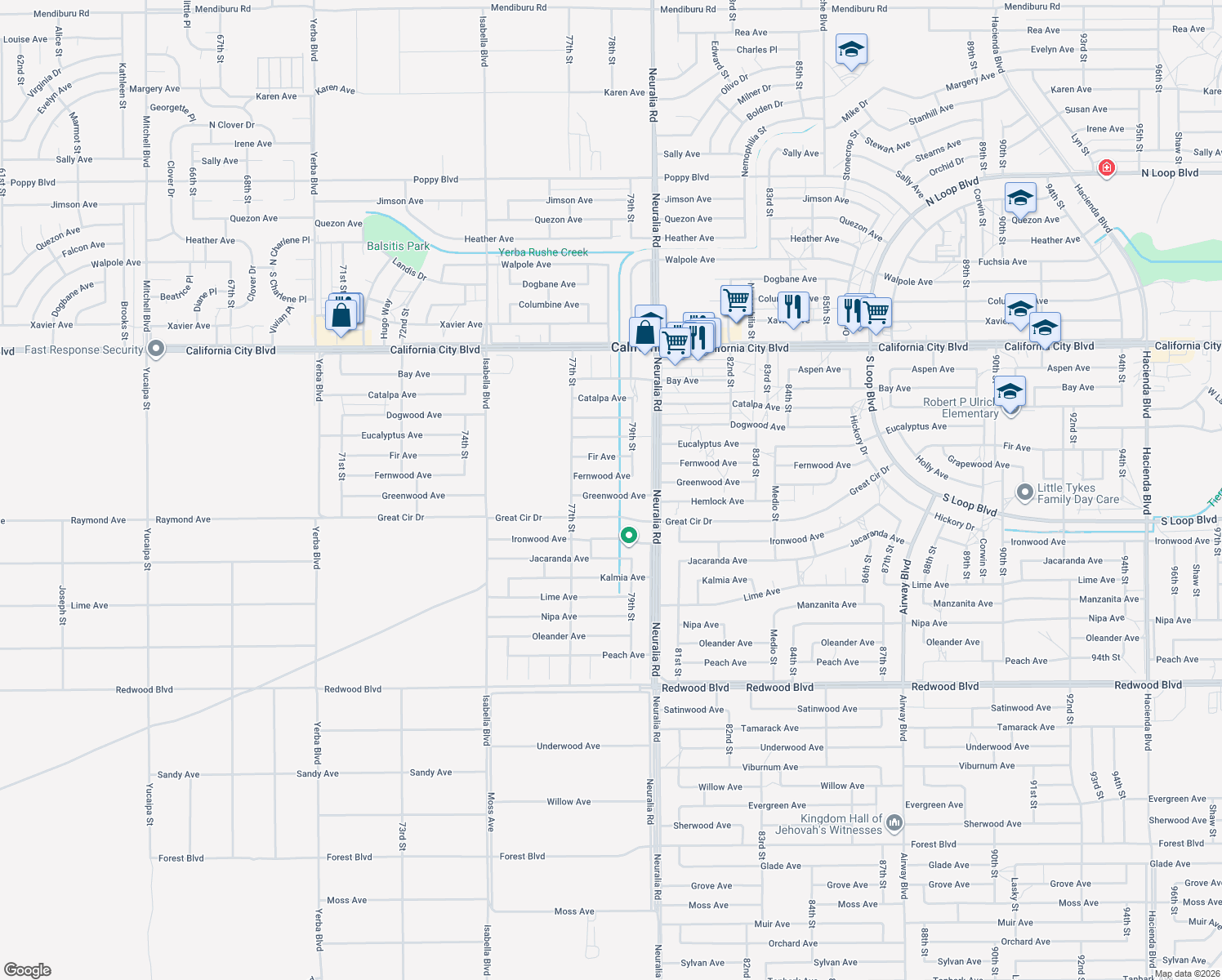 map of restaurants, bars, coffee shops, grocery stores, and more near 7851 Greenwood Avenue in California City