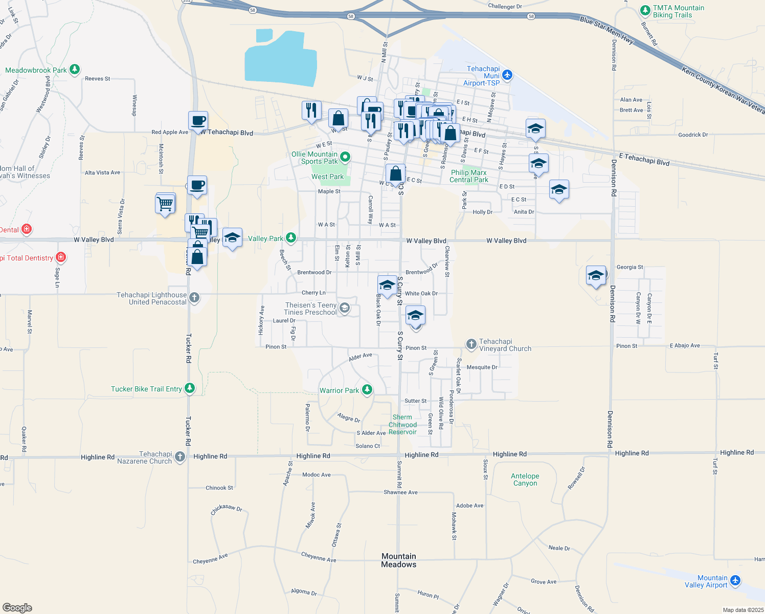 map of restaurants, bars, coffee shops, grocery stores, and more near 221 Bartlett Street in Tehachapi