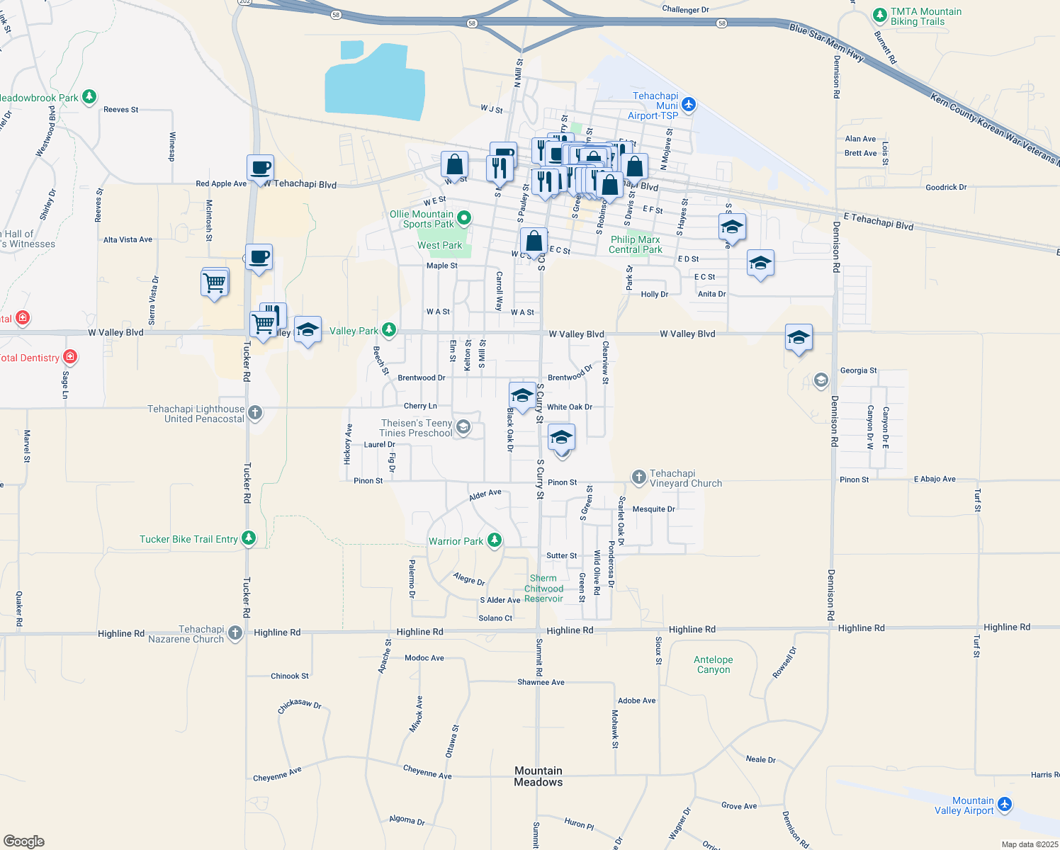 map of restaurants, bars, coffee shops, grocery stores, and more near 205 Bartlett Street in Tehachapi