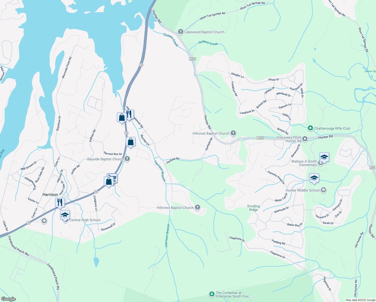 map of restaurants, bars, coffee shops, grocery stores, and more near 7129 Garfield Rd in Harrison