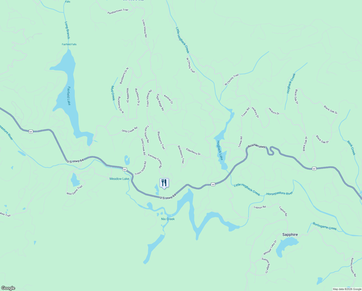 map of restaurants, bars, coffee shops, grocery stores, and more near 50 Elderberry Drive in Sapphire