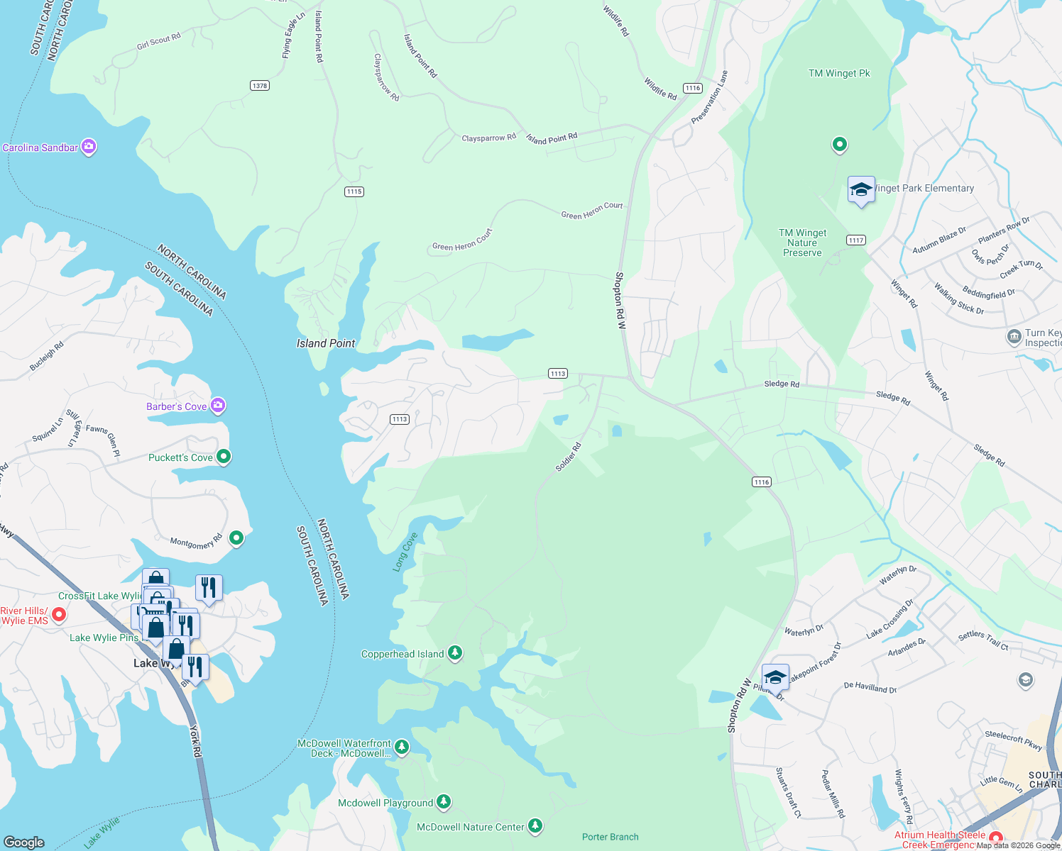 map of restaurants, bars, coffee shops, grocery stores, and more near 13400 Portside Court in Charlotte