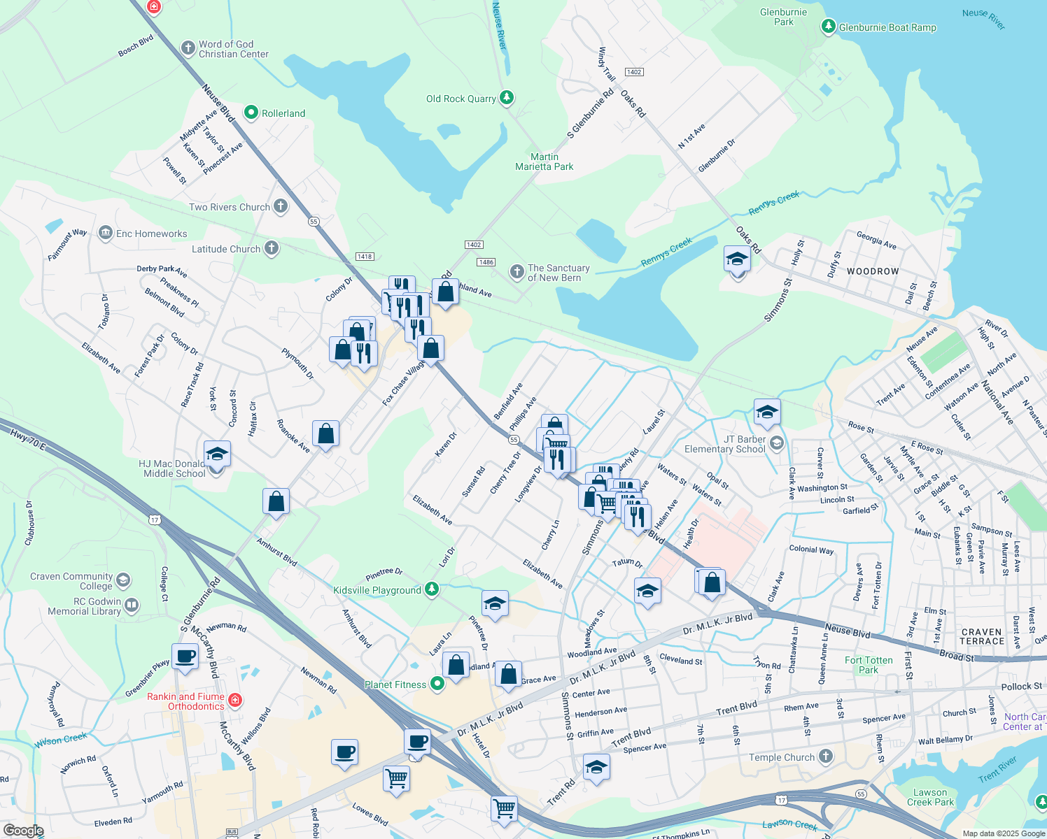 map of restaurants, bars, coffee shops, grocery stores, and more near 1306 Phillips Ave in New Bern