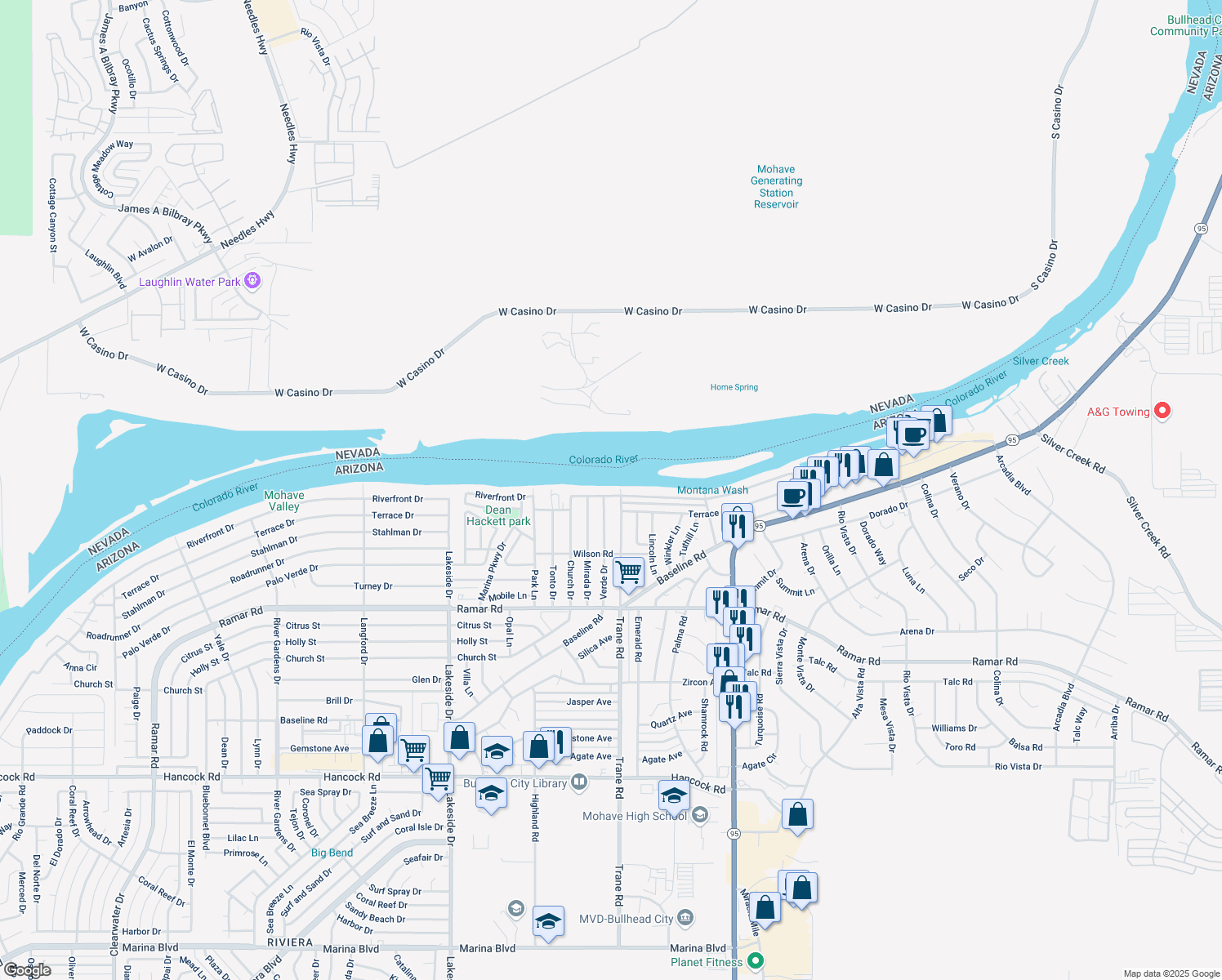map of restaurants, bars, coffee shops, grocery stores, and more near 1245 Riverfront Dr in Bullhead City