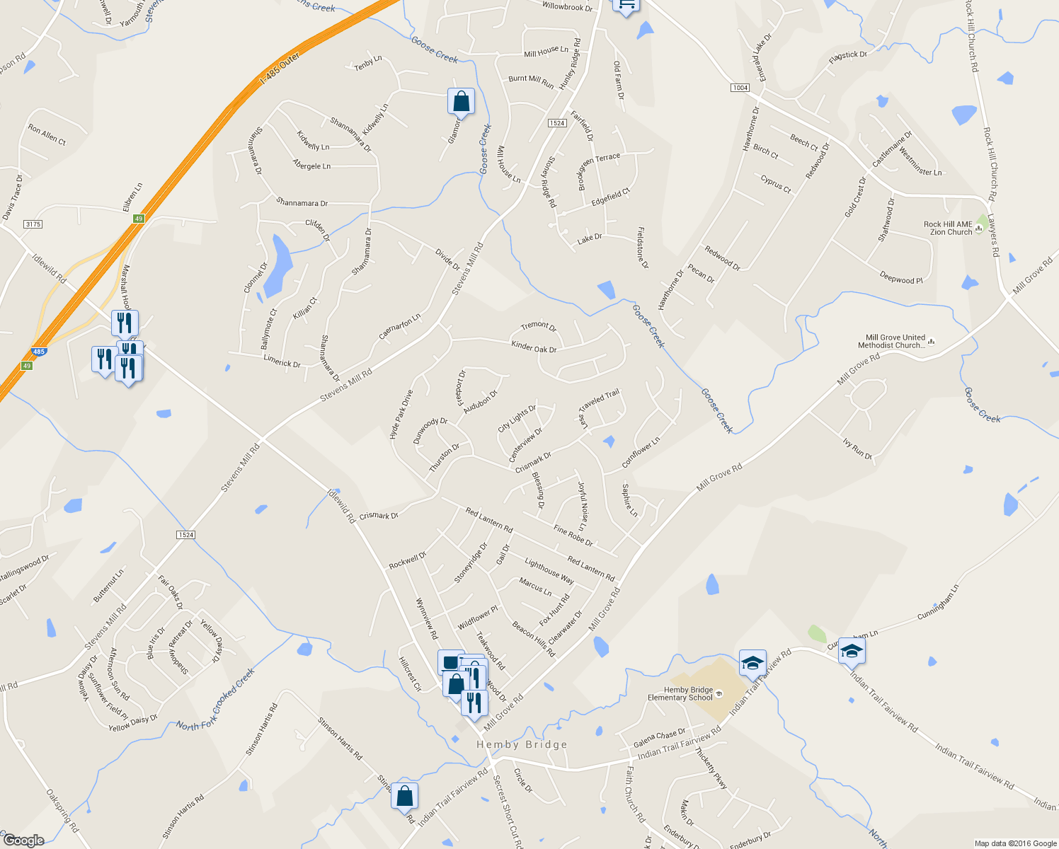 map of restaurants, bars, coffee shops, grocery stores, and more near 7004 Dacian Lane in Indian Trail