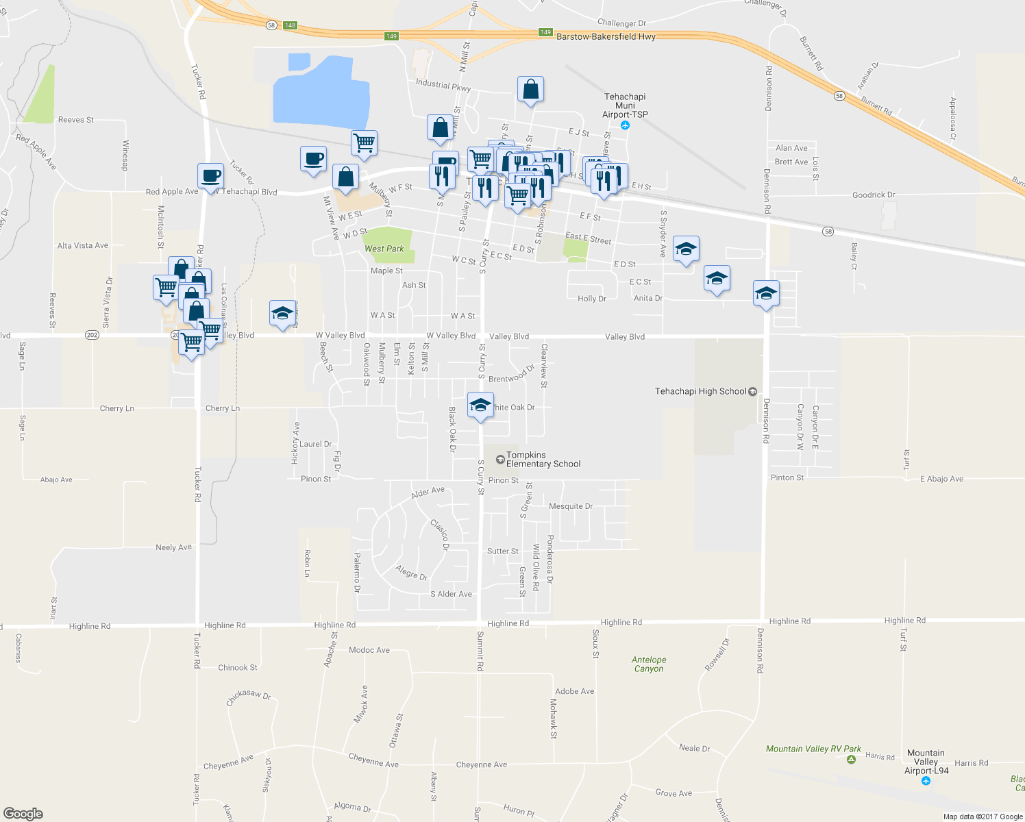 map of restaurants, bars, coffee shops, grocery stores, and more near 1000 Cypress Way in Tehachapi
