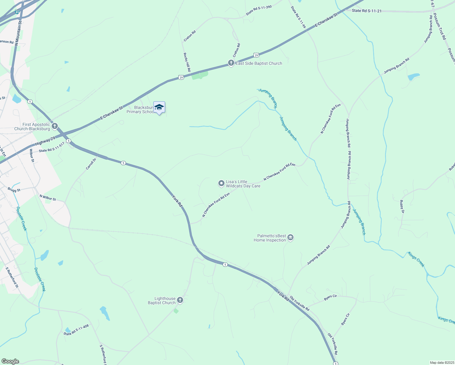 map of restaurants, bars, coffee shops, grocery stores, and more near 217 North Cherokee Ford Road Exn in Blacksburg