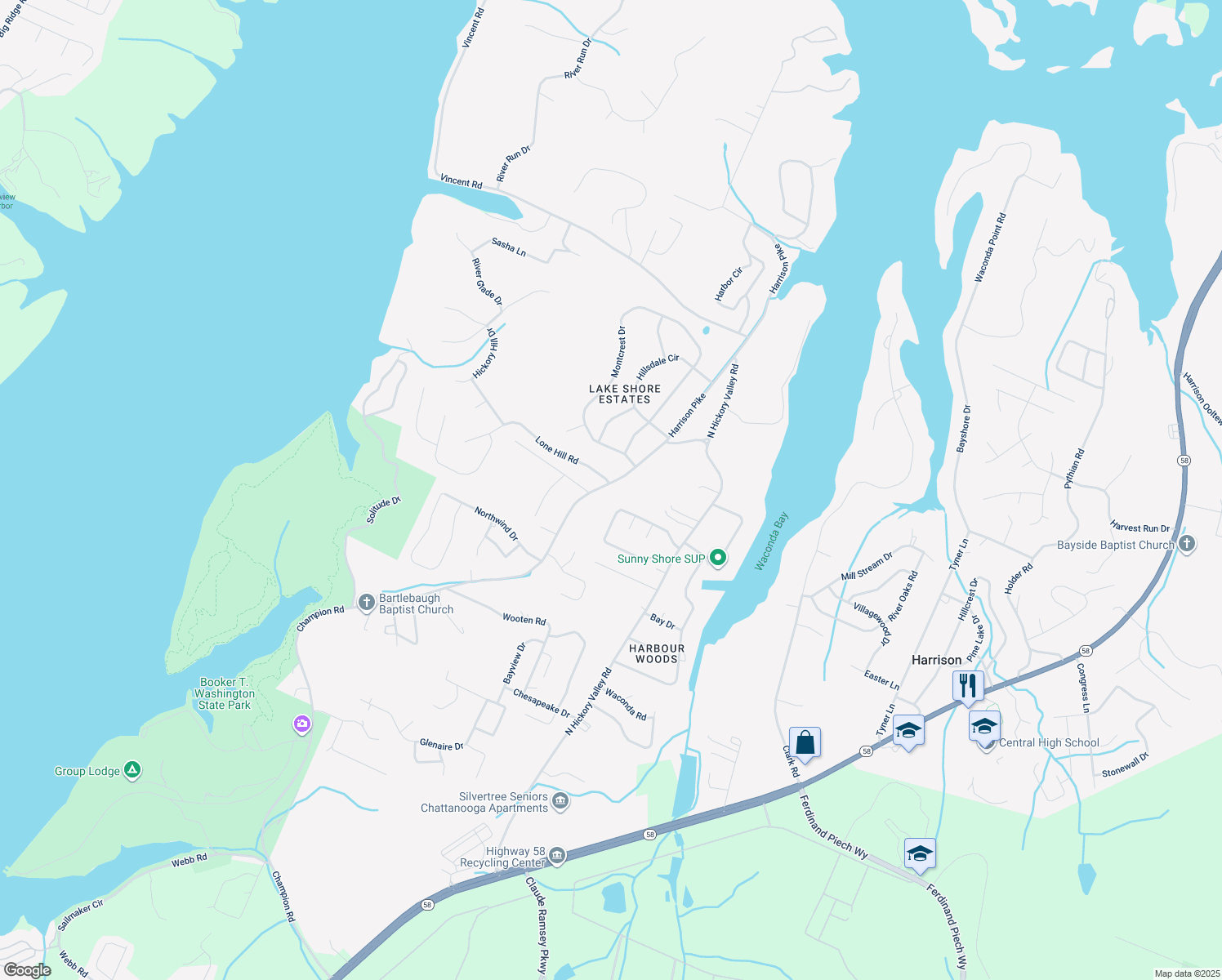 map of restaurants, bars, coffee shops, grocery stores, and more near 6436 Harrison Pike in Chattanooga