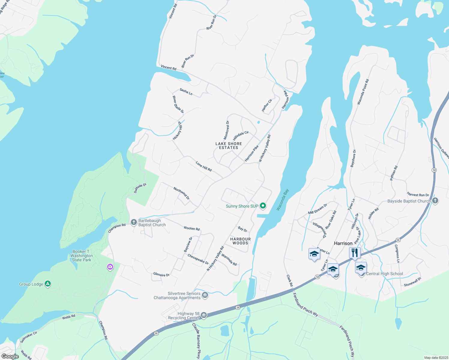 map of restaurants, bars, coffee shops, grocery stores, and more near 6436 Harrison Pike in Chattanooga