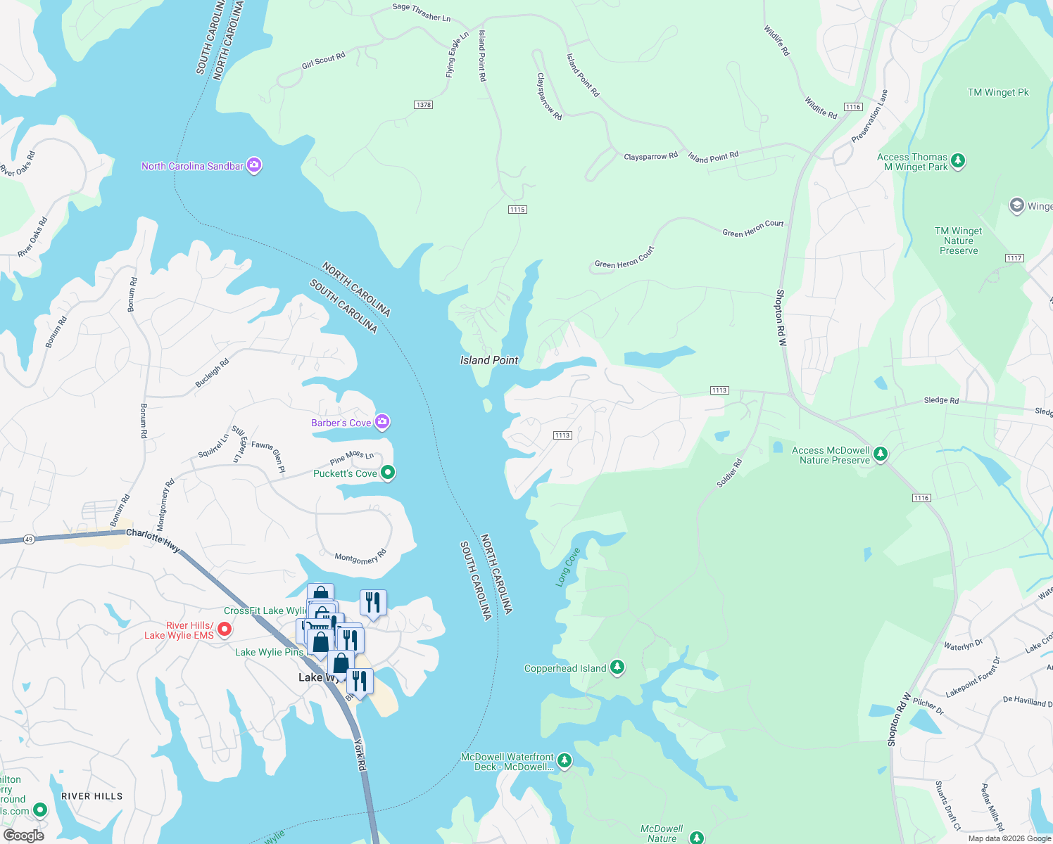 map of restaurants, bars, coffee shops, grocery stores, and more near 13826 Queens Harbor Road in Charlotte