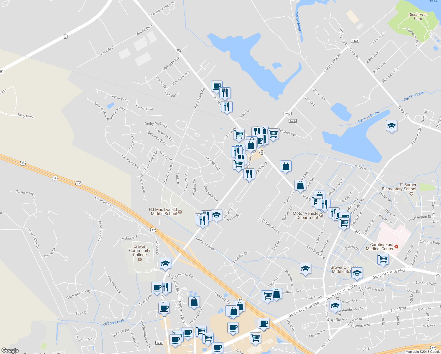 map of restaurants, bars, coffee shops, grocery stores, and more near 1015 Plymouth Drive in New Bern