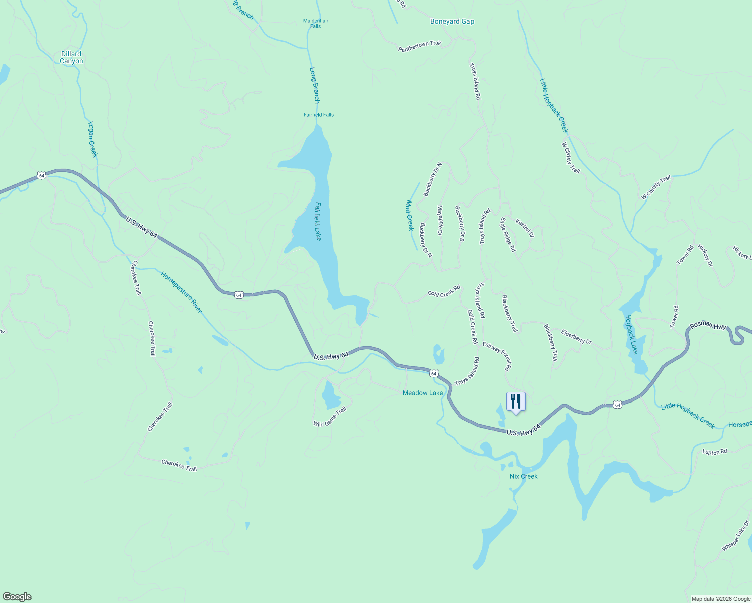 map of restaurants, bars, coffee shops, grocery stores, and more near Mountain Villas Road in Jackson County