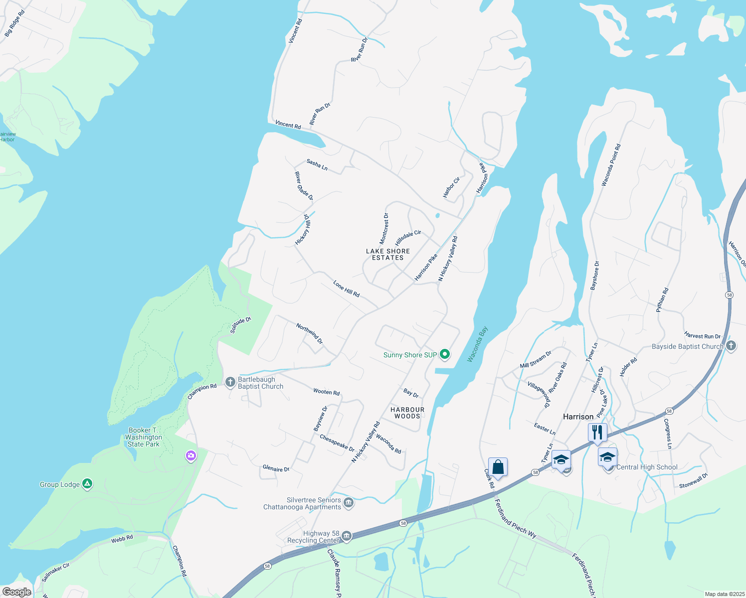 map of restaurants, bars, coffee shops, grocery stores, and more near 4811 Lone Hill Road in Chattanooga