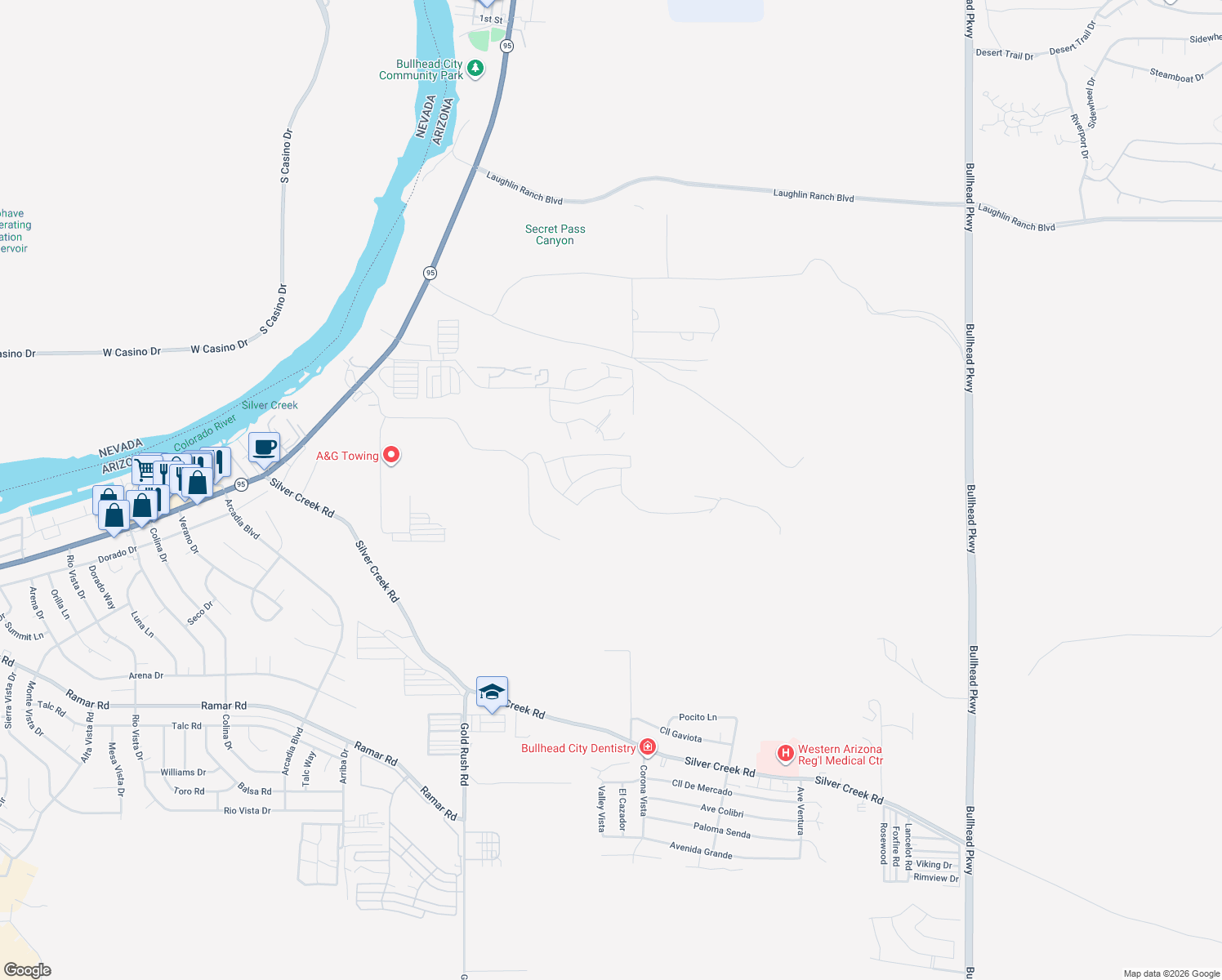 map of restaurants, bars, coffee shops, grocery stores, and more near 2475 Tapatio Drive in Bullhead City