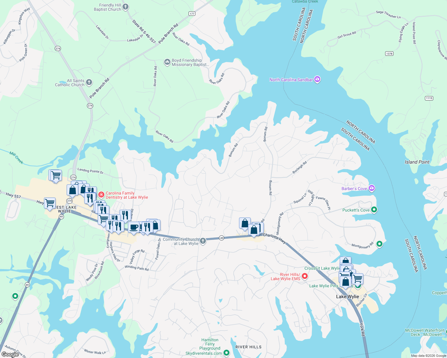 map of restaurants, bars, coffee shops, grocery stores, and more near 603 Belle Grove Drive in Lake Wylie