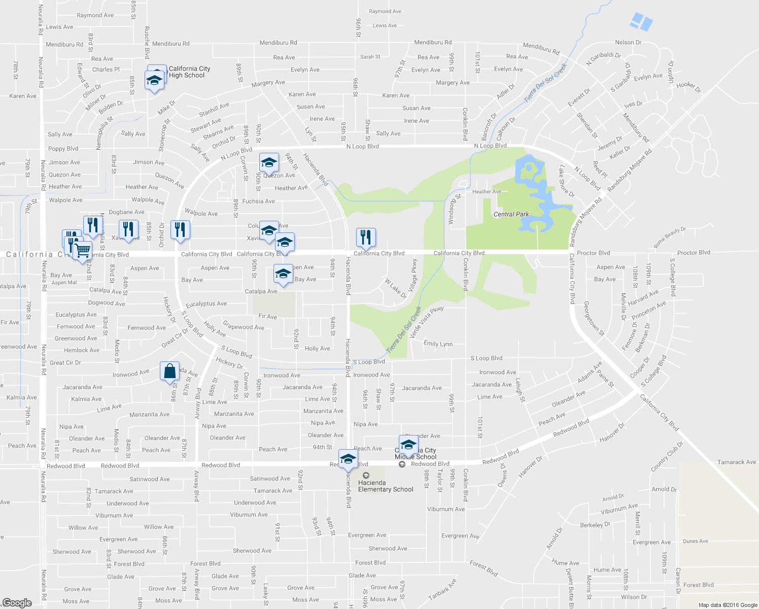 map of restaurants, bars, coffee shops, grocery stores, and more near Village Parkway in California City