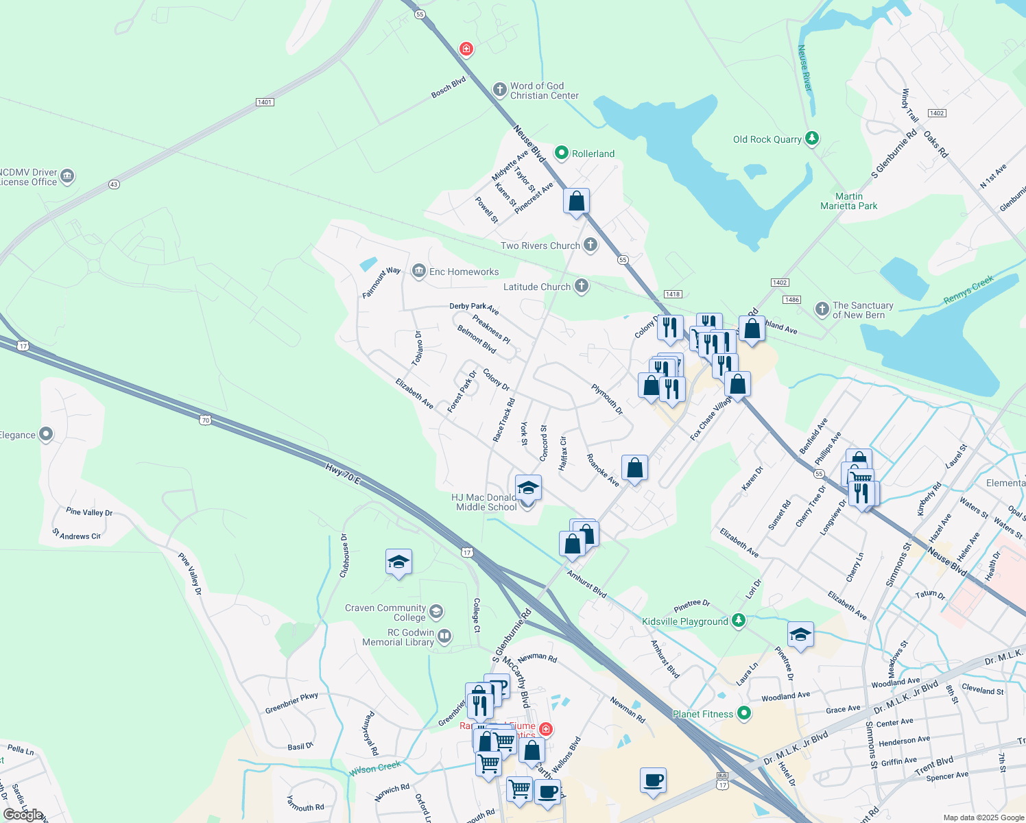 map of restaurants, bars, coffee shops, grocery stores, and more near 1616 RaceTrack Road in New Bern