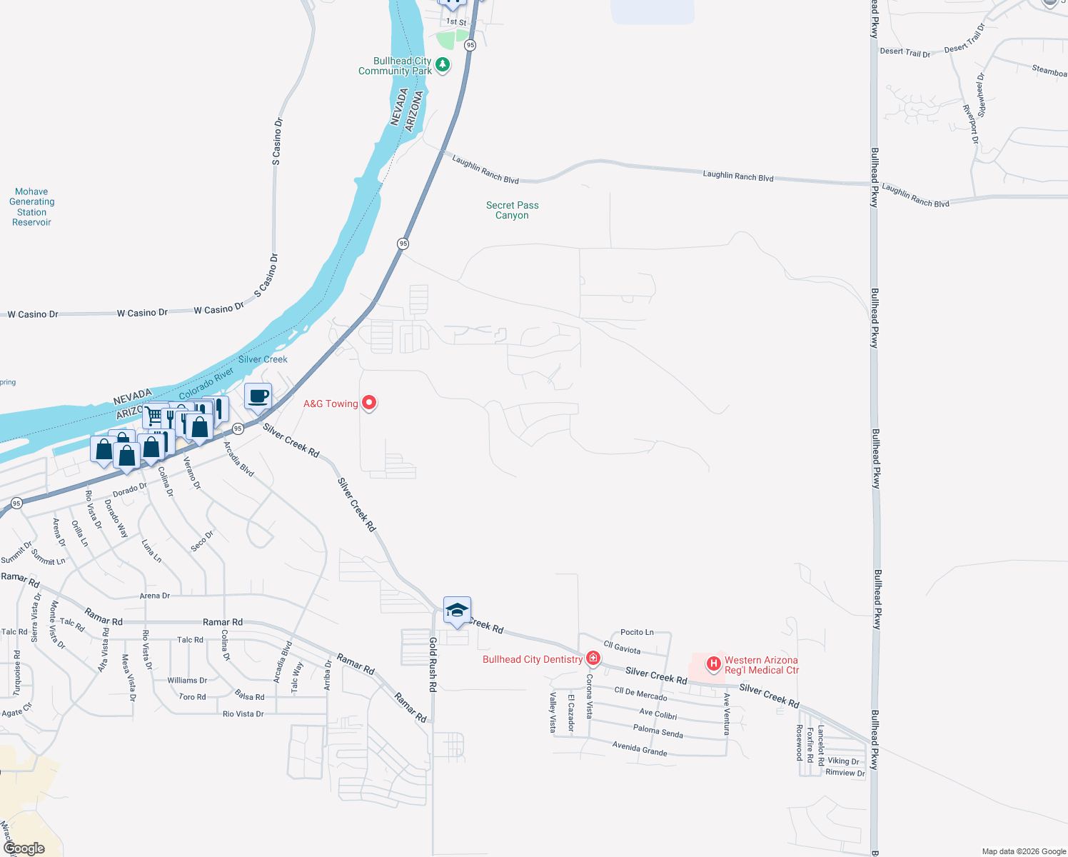 map of restaurants, bars, coffee shops, grocery stores, and more near 2420 Pesuna Drive in Bullhead City