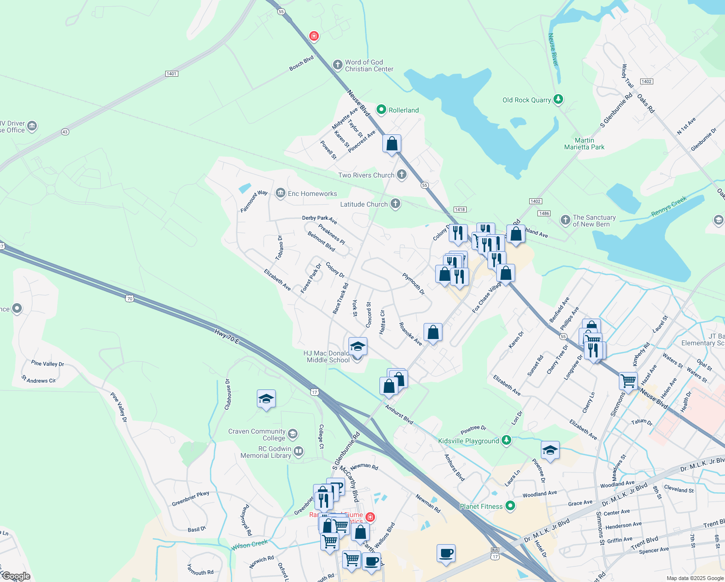 map of restaurants, bars, coffee shops, grocery stores, and more near 1620 York Street in New Bern
