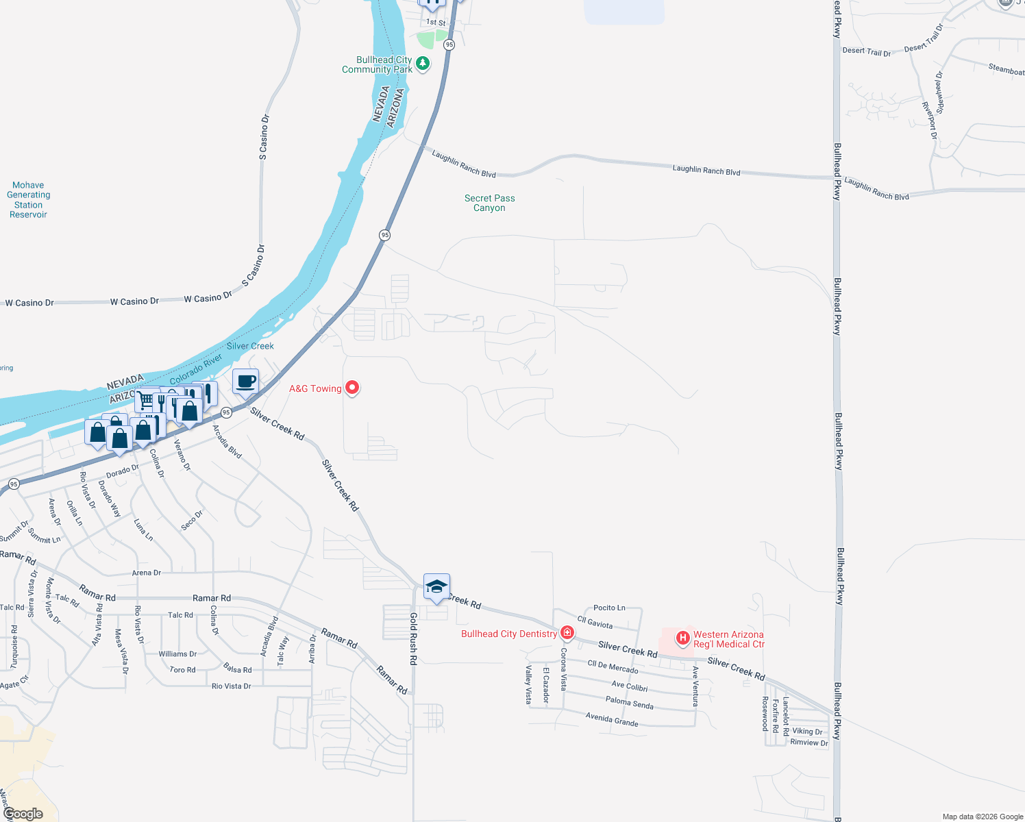map of restaurants, bars, coffee shops, grocery stores, and more near 2420 Pesuna Drive in Bullhead City