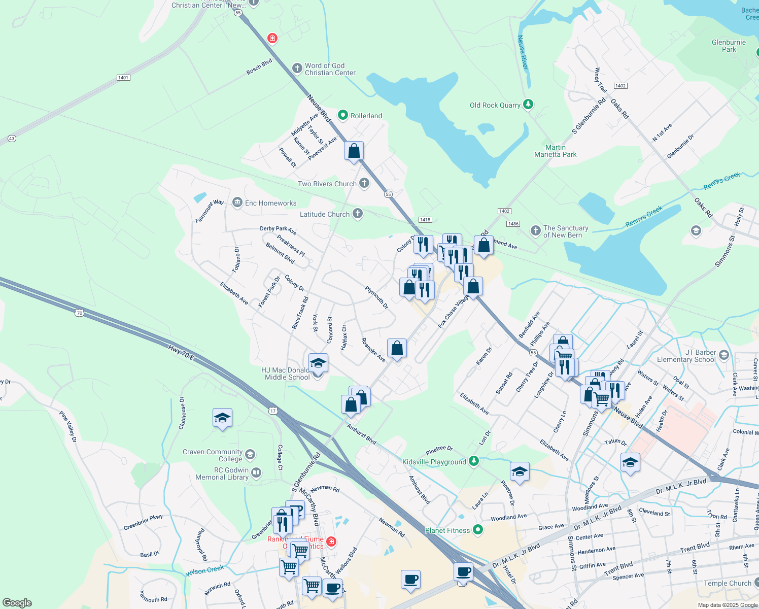 map of restaurants, bars, coffee shops, grocery stores, and more near 1033 Plymouth Dr in New Bern