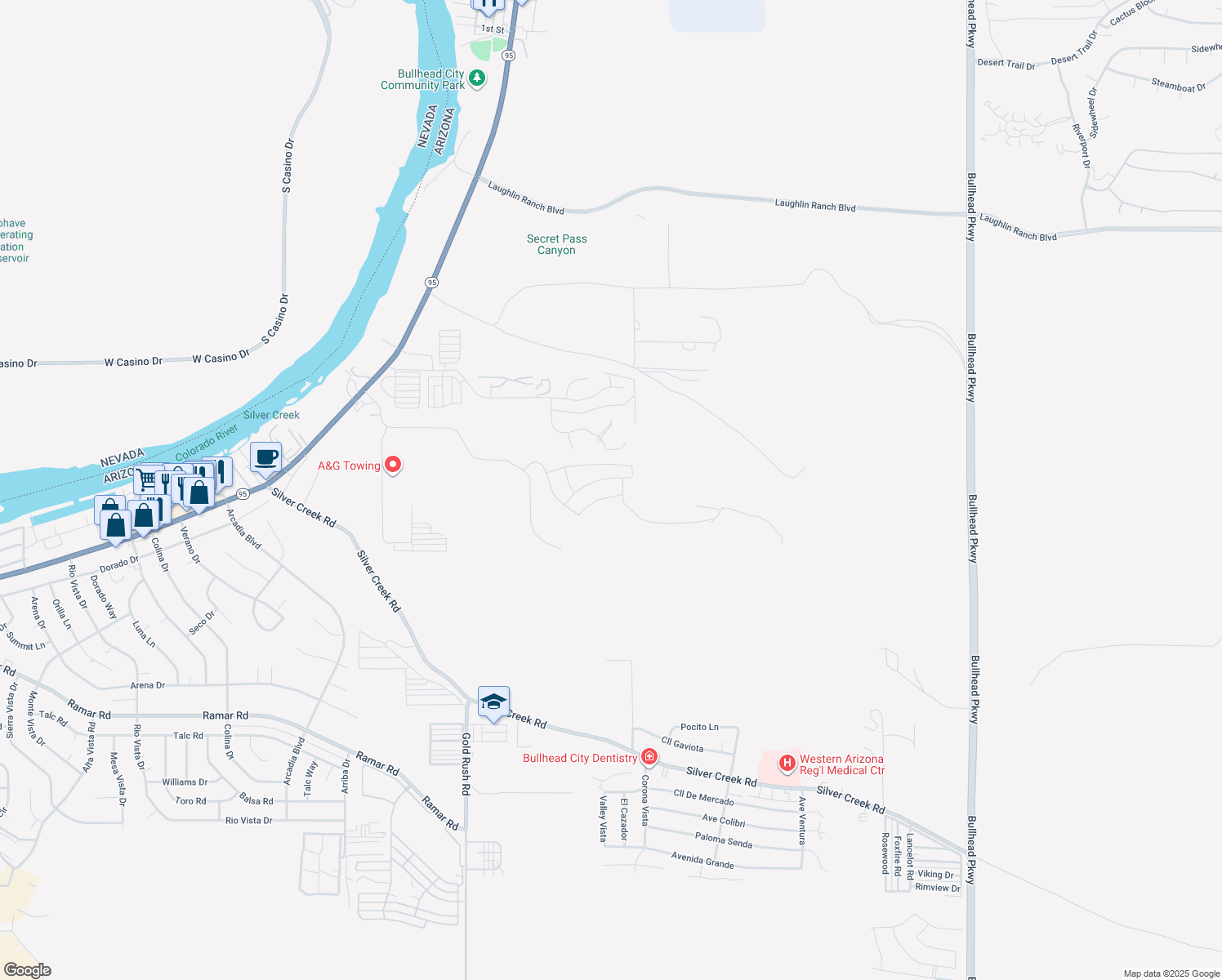 map of restaurants, bars, coffee shops, grocery stores, and more near 2475 Tapatio Drive in Bullhead City
