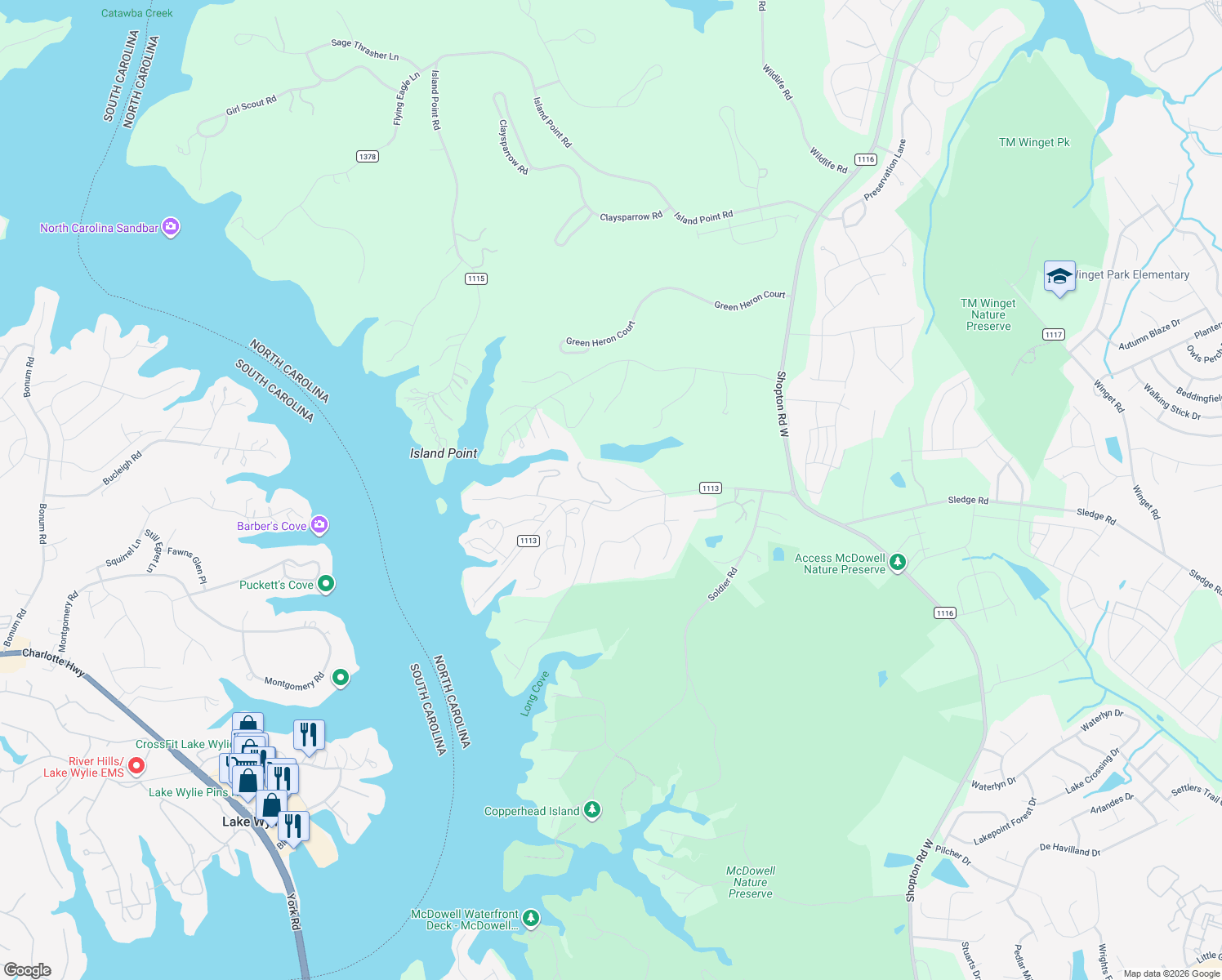 map of restaurants, bars, coffee shops, grocery stores, and more near 13628 Pine Harbor Road in Charlotte