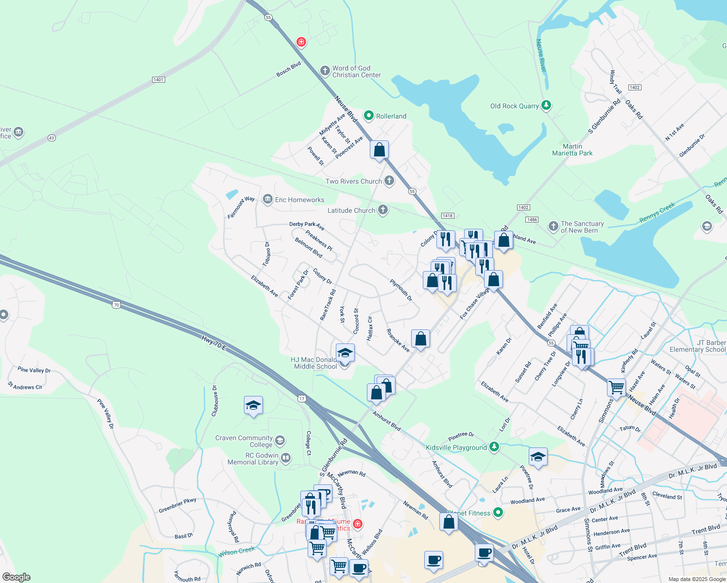 map of restaurants, bars, coffee shops, grocery stores, and more near 915 Colony Drive in New Bern