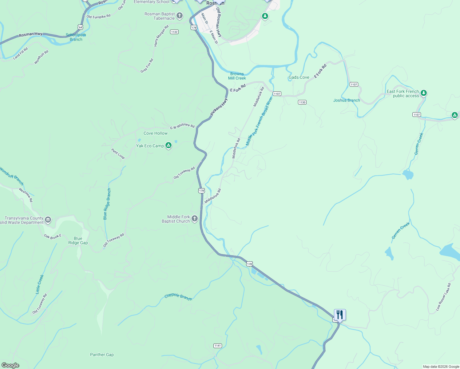 map of restaurants, bars, coffee shops, grocery stores, and more near 78 Newman Drive in Brevard