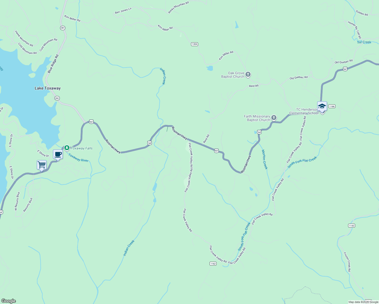 map of restaurants, bars, coffee shops, grocery stores, and more near 3069 Flat Creek Valley Road in Lake Toxaway