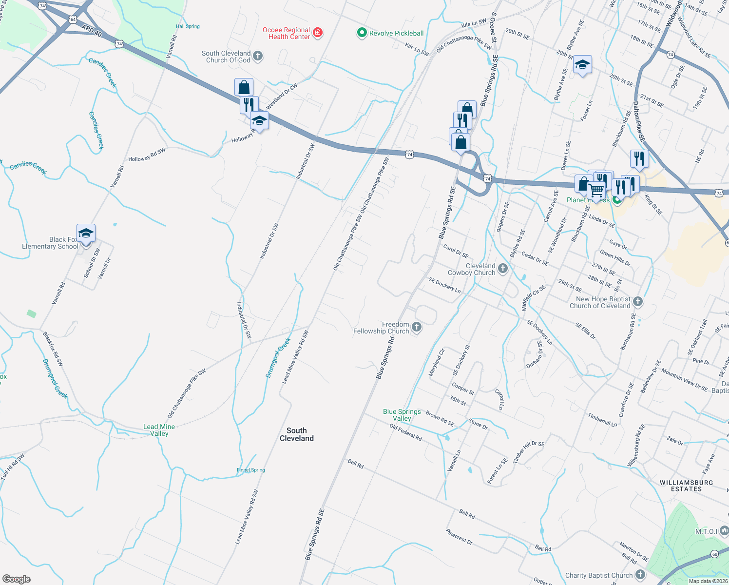 map of restaurants, bars, coffee shops, grocery stores, and more near 205 Eleanor Drive Southwest in Cleveland