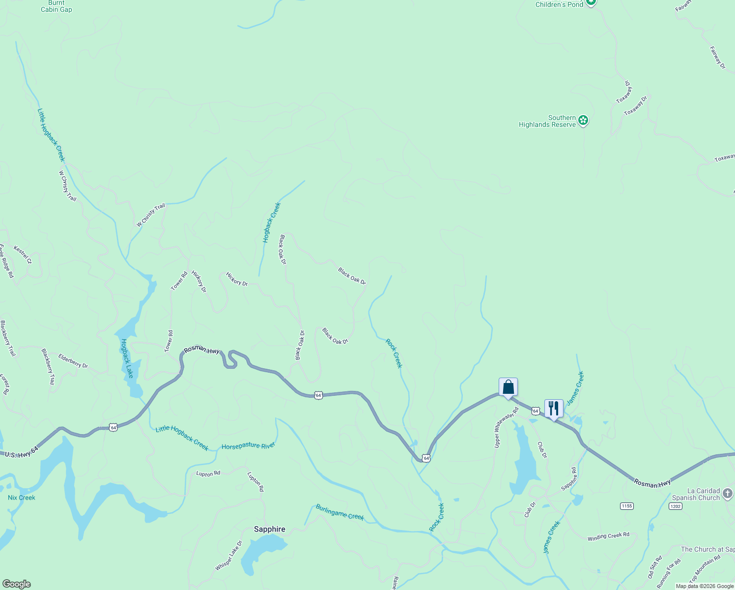 map of restaurants, bars, coffee shops, grocery stores, and more near 1376 Black Oak Drive in Sapphire