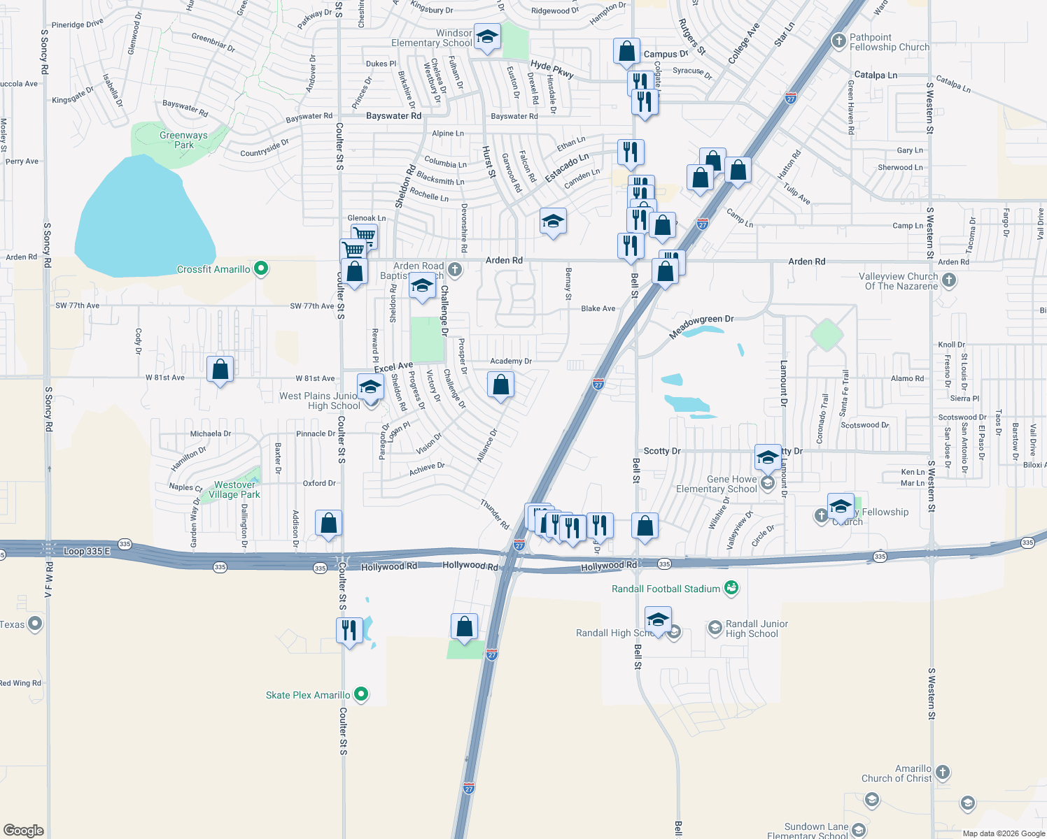map of restaurants, bars, coffee shops, grocery stores, and more near 8311 Prosper Drive in Amarillo