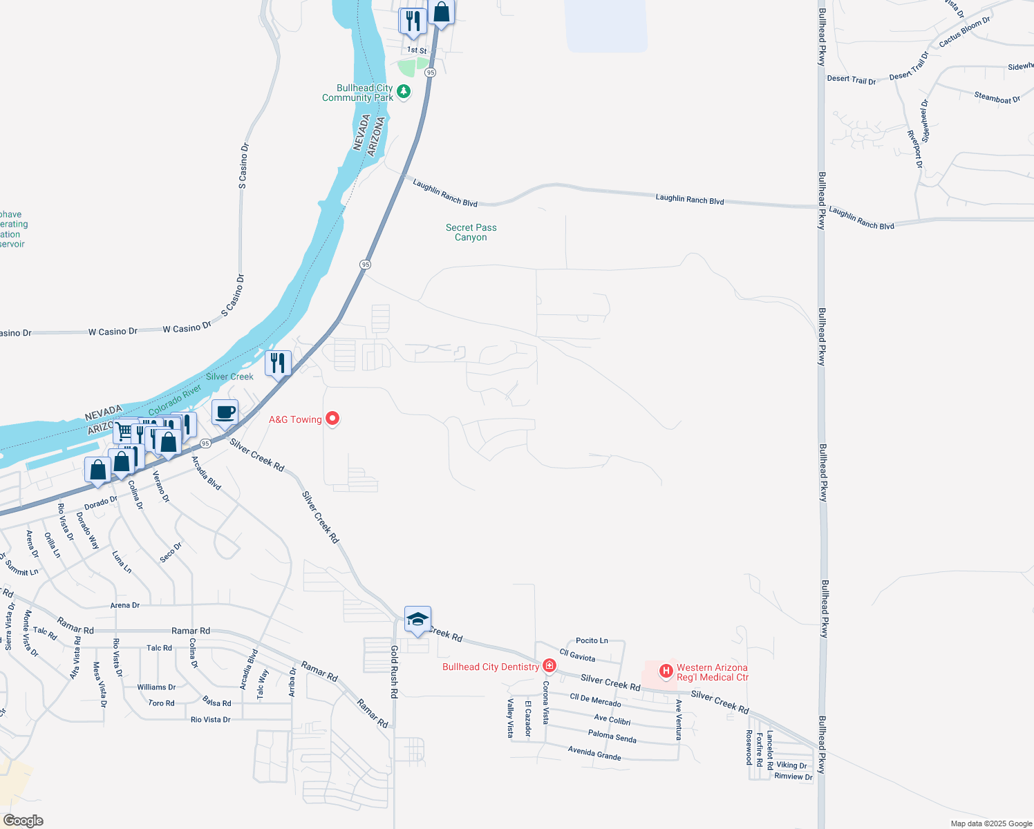 map of restaurants, bars, coffee shops, grocery stores, and more near 2479 Vista del Oro in Bullhead City