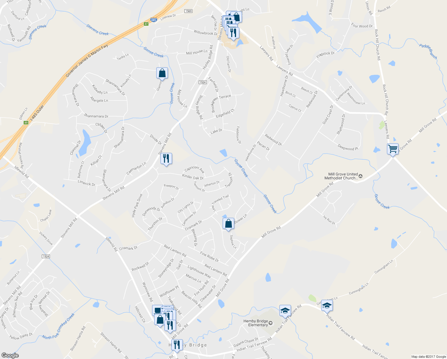 map of restaurants, bars, coffee shops, grocery stores, and more near 2004 Atherton Drive in Indian Trail