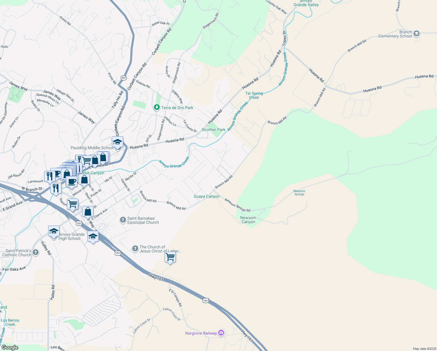 map of restaurants, bars, coffee shops, grocery stores, and more near 420 Coach Road in Arroyo Grande