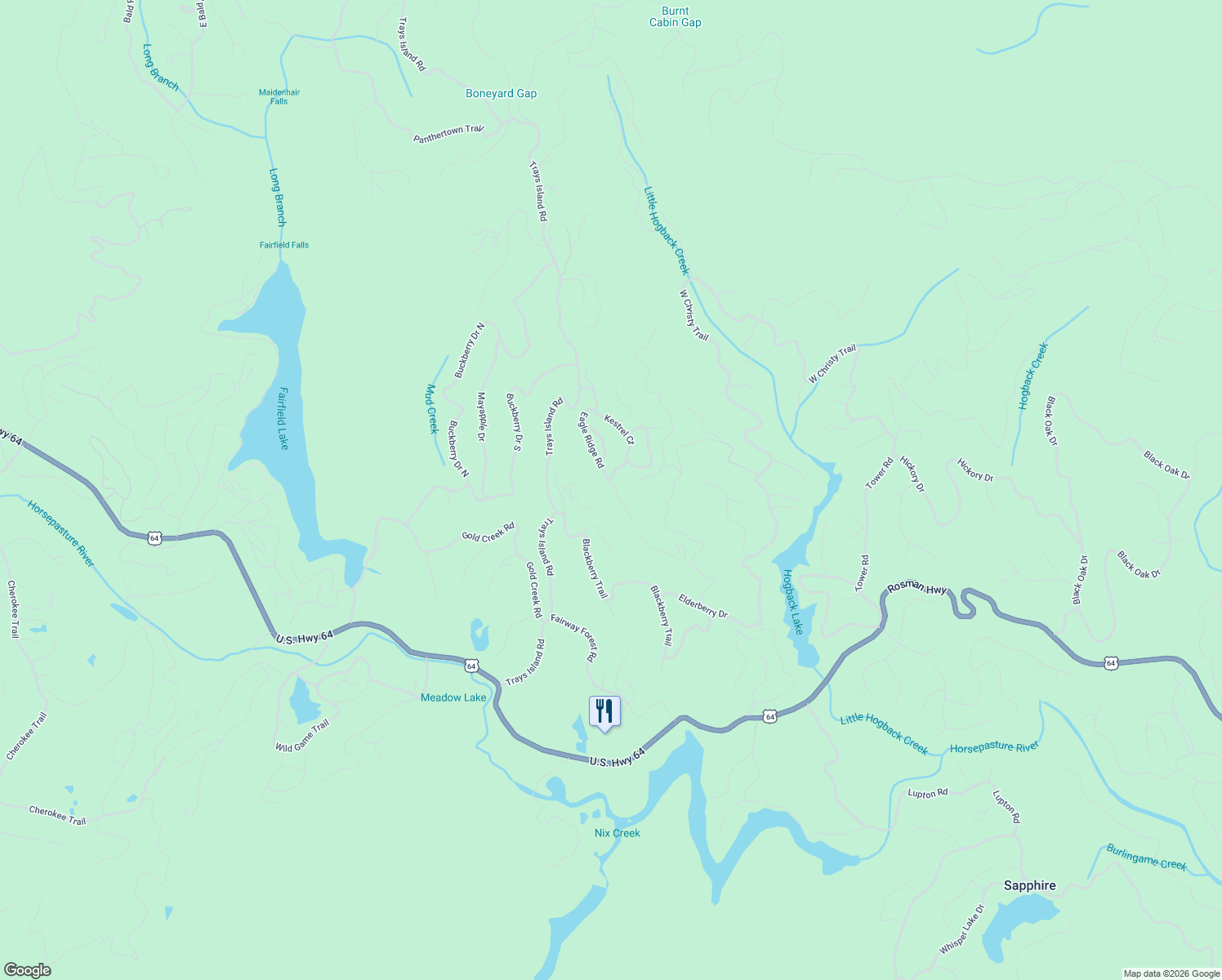 map of restaurants, bars, coffee shops, grocery stores, and more near 374 Eagle Ridge Road in Sapphire