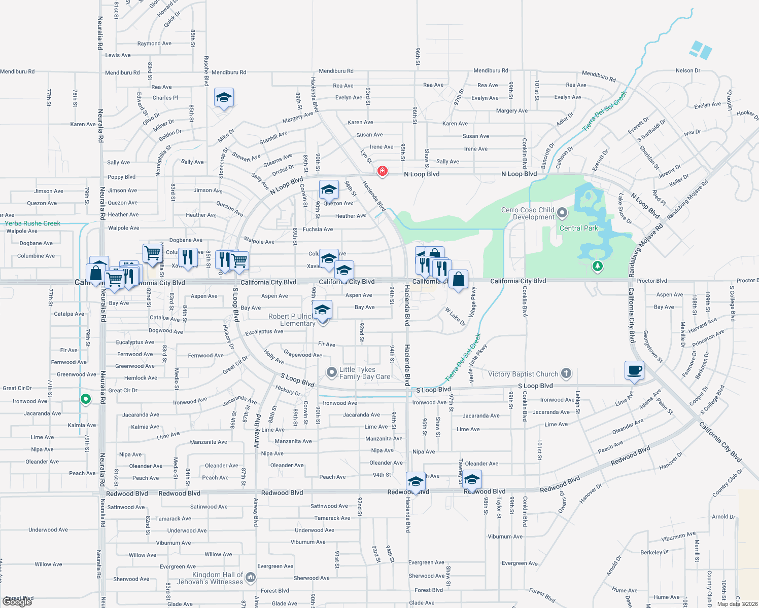 map of restaurants, bars, coffee shops, grocery stores, and more near 9301 Bay Avenue in California City