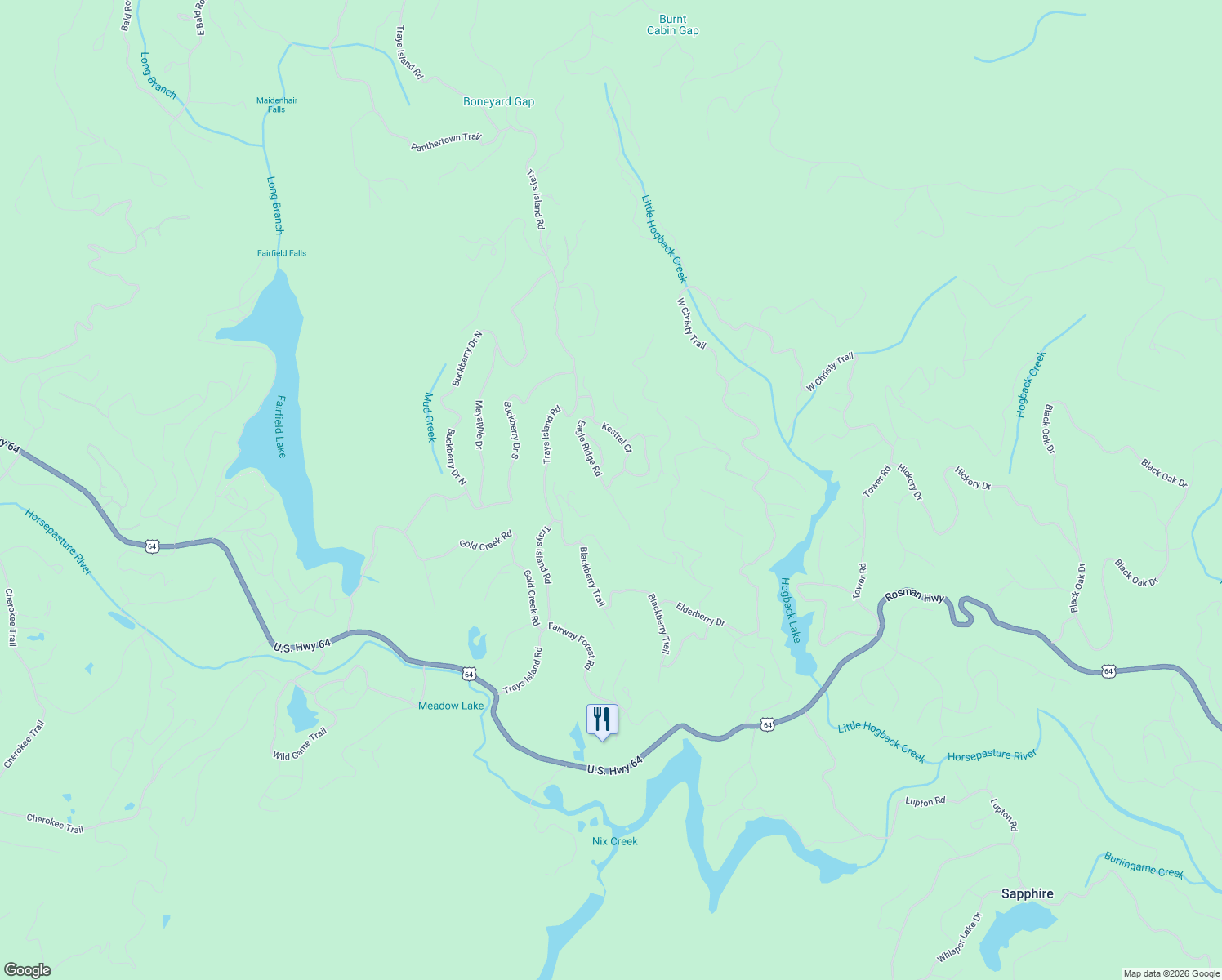 map of restaurants, bars, coffee shops, grocery stores, and more near 374 Eagle Ridge Road in Sapphire