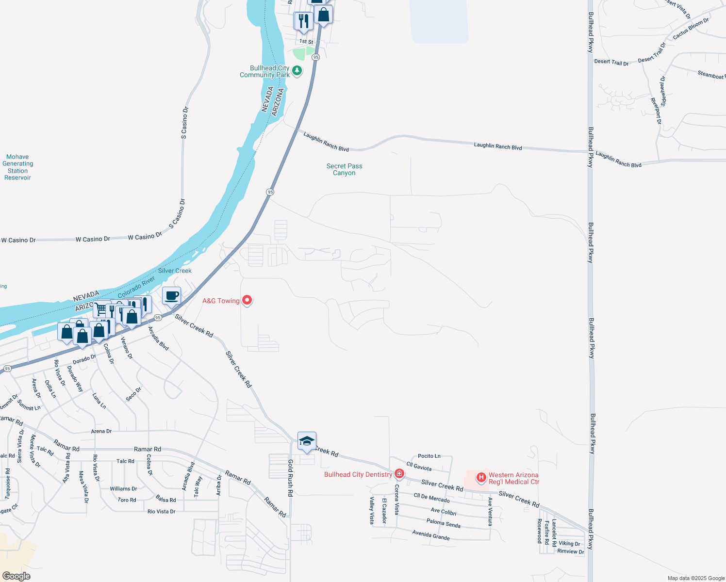 map of restaurants, bars, coffee shops, grocery stores, and more near 1120 Copper Drive in Bullhead City