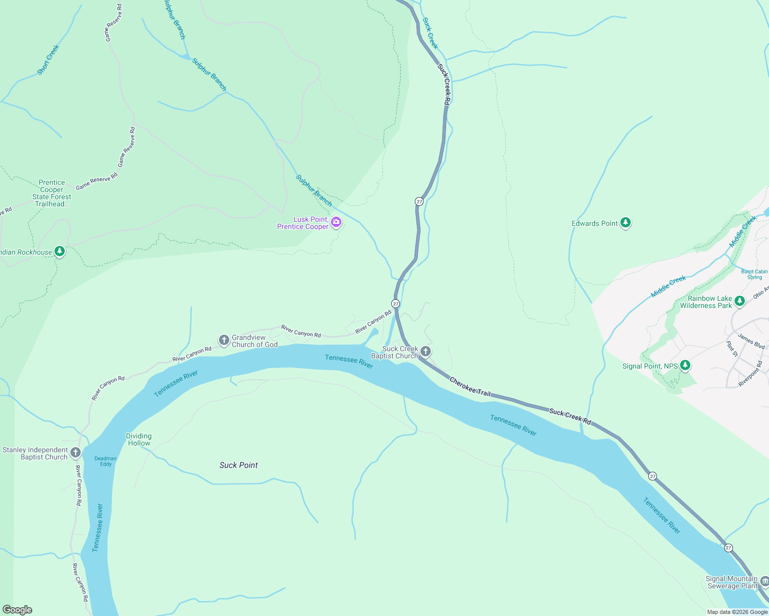 map of restaurants, bars, coffee shops, grocery stores, and more near 21959 River Canyon Road in Chattanooga