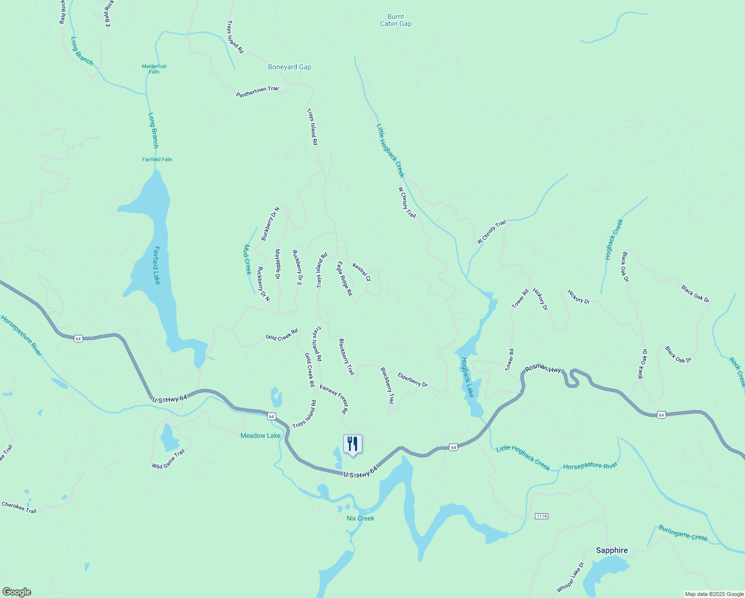 map of restaurants, bars, coffee shops, grocery stores, and more near 197 Bird Nest Road in Sapphire