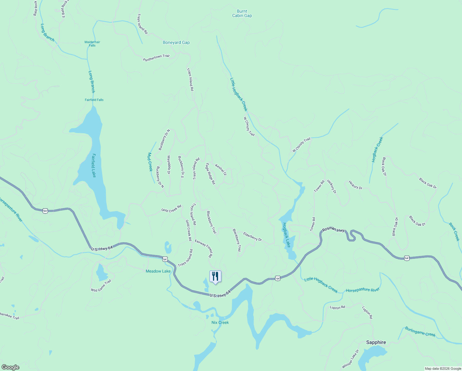 map of restaurants, bars, coffee shops, grocery stores, and more near 121 Kestrel Court in Sapphire
