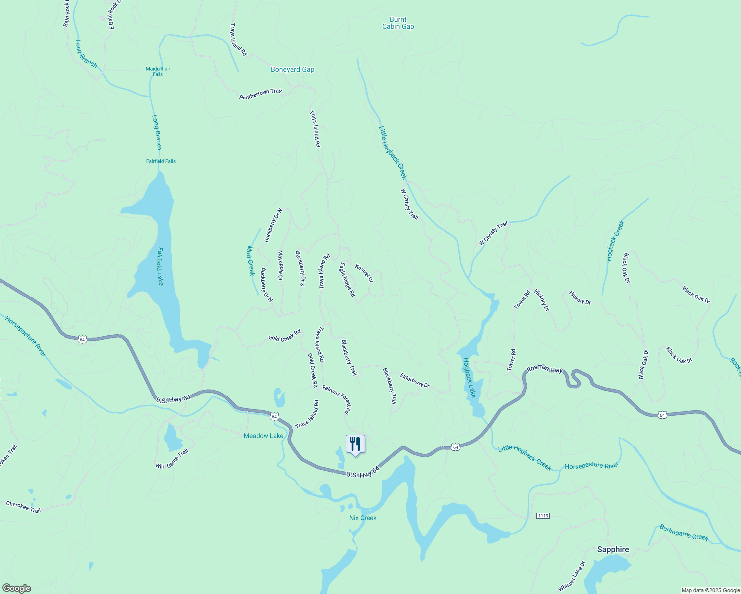 map of restaurants, bars, coffee shops, grocery stores, and more near 197 Bird Nest Road in Sapphire