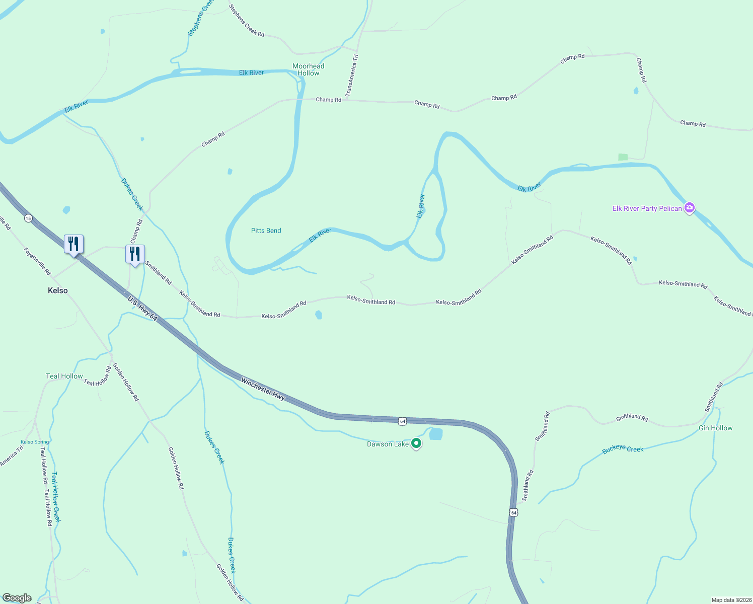 map of restaurants, bars, coffee shops, grocery stores, and more near 225 Kelso-Smithland Road in Kelso
