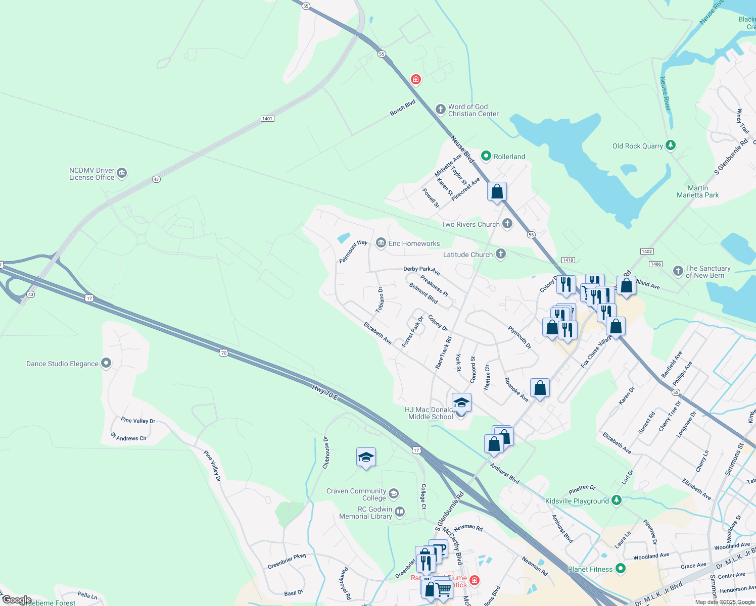 map of restaurants, bars, coffee shops, grocery stores, and more near 209 Tobiano Drive in New Bern