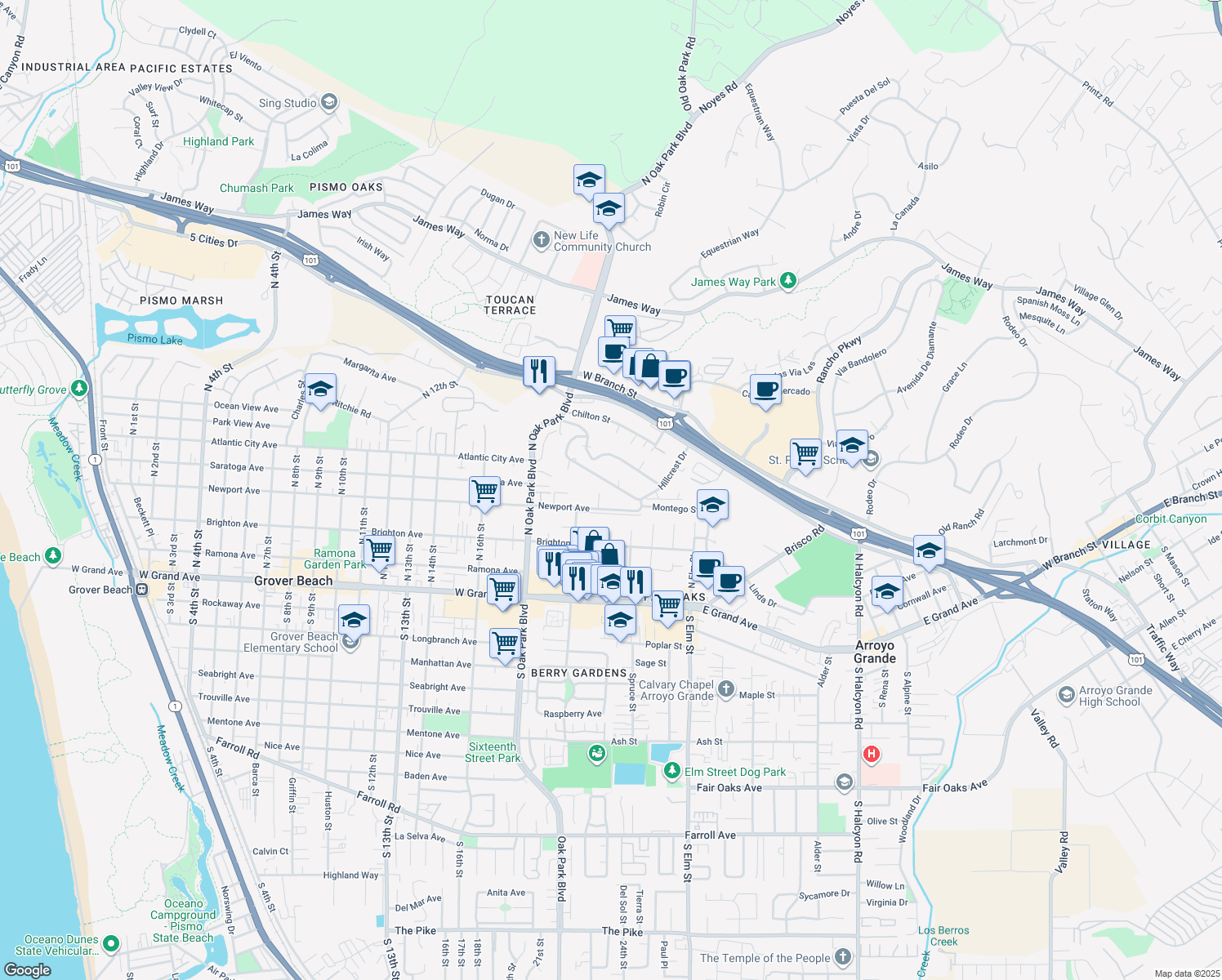 map of restaurants, bars, coffee shops, grocery stores, and more near 1401 Hillcrest Drive in Arroyo Grande