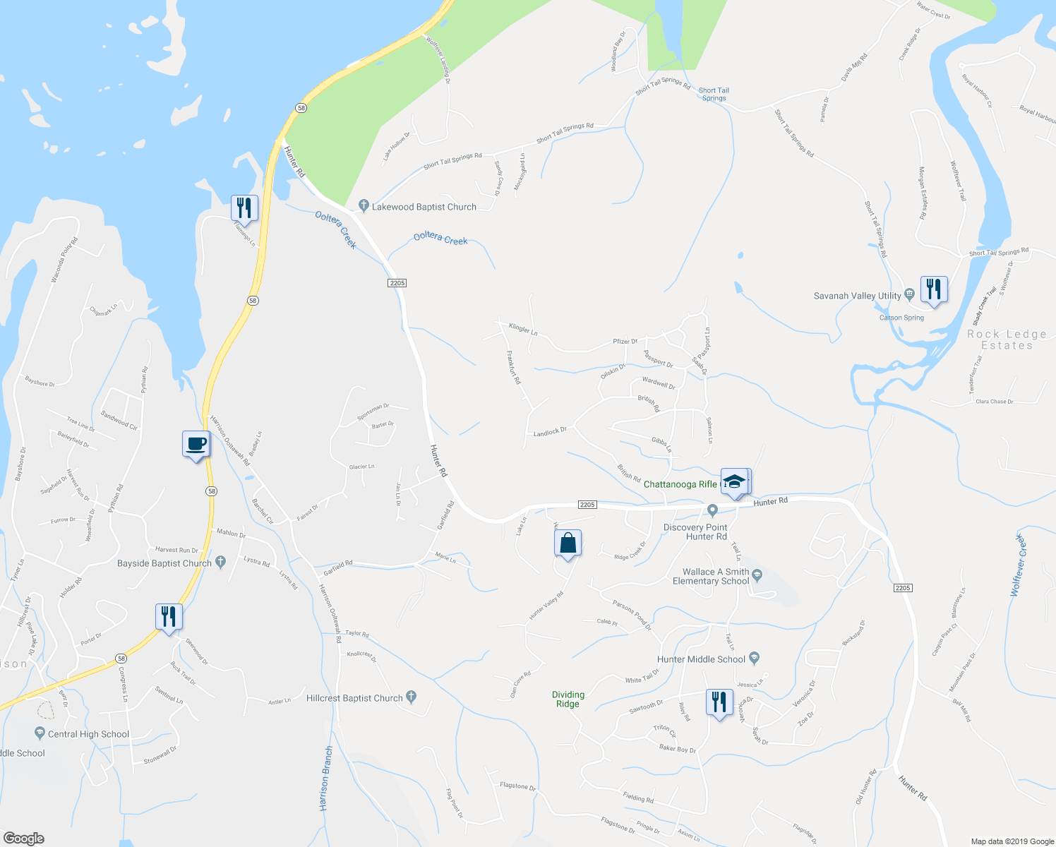 map of restaurants, bars, coffee shops, grocery stores, and more near Micasa Lane in Ooltewah